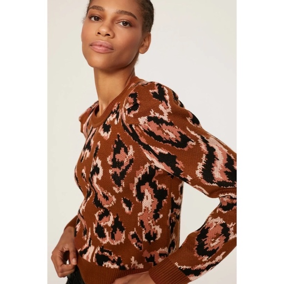 DEREK LAM Collective Brown Animal Print Sweater Leopard Puff Sleeves Large - Picture 6 of 15